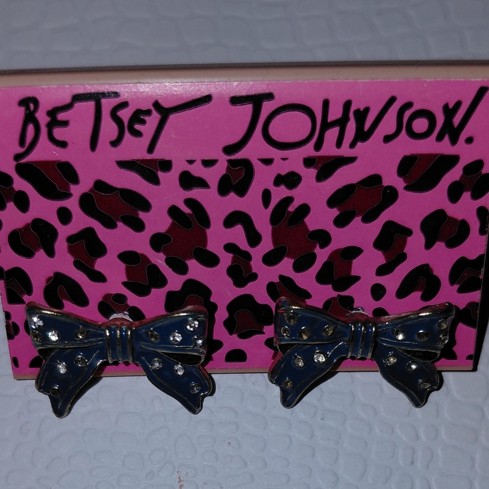 Betsey Johnson Navy Bow Crystal Stud Earrings